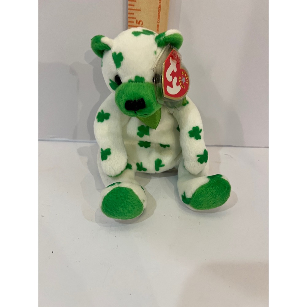 Ty Beanie Babies Clover the Bear  Shamrock White Green 2000 Plush